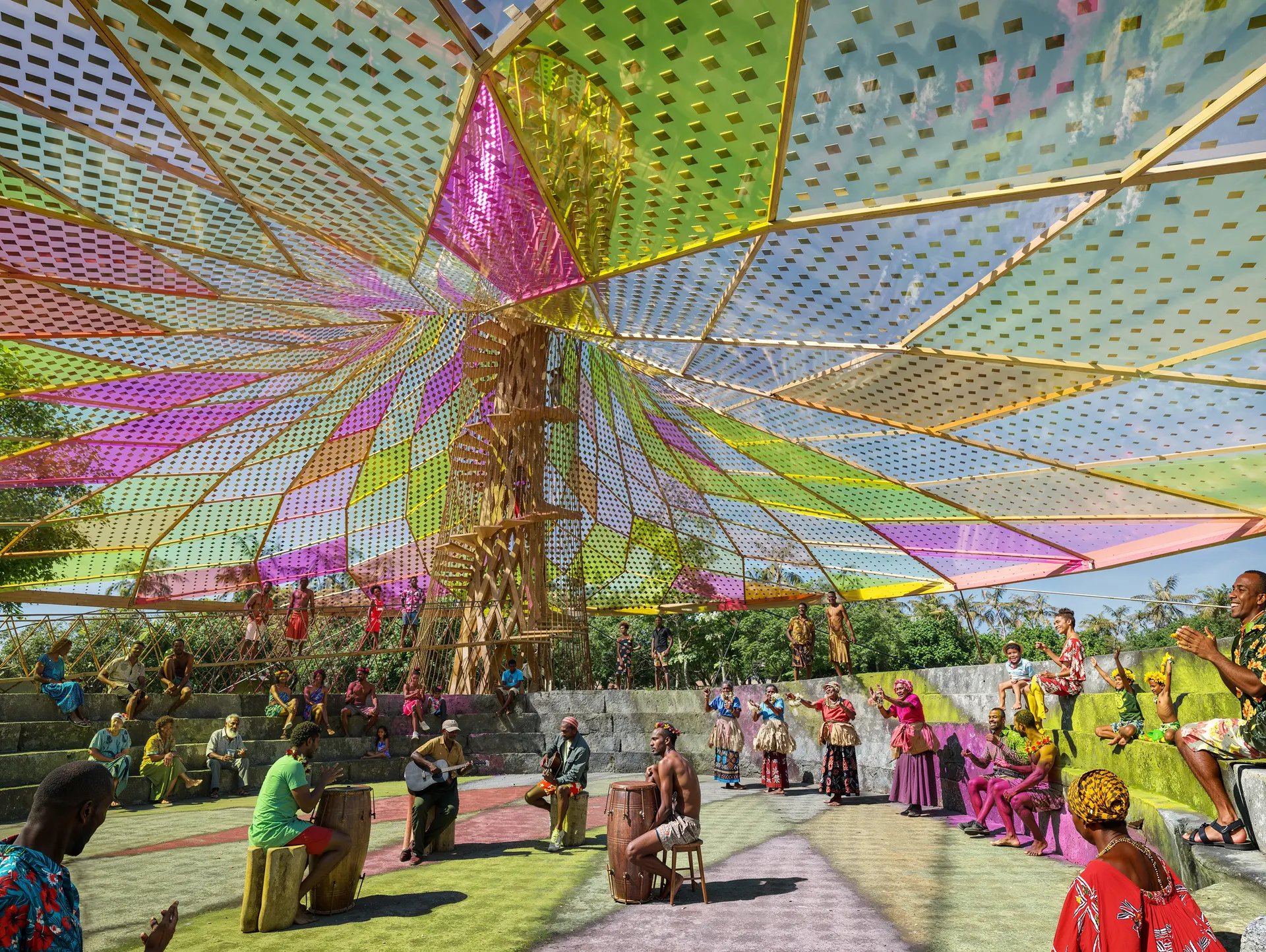Moving through, the gathering space beneath, in use